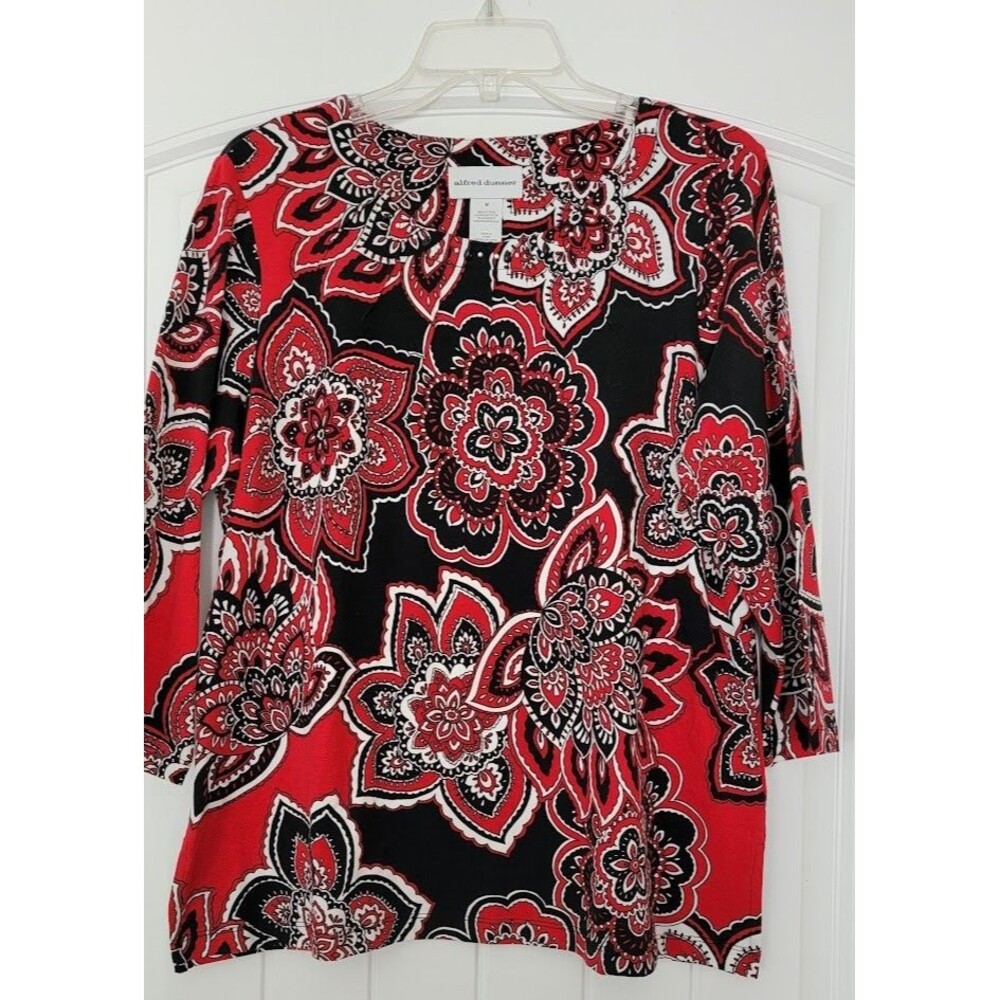 Alfred Dunner Red, White & Black Cotton Print 3/4 Sleeve New w/o tags Med
